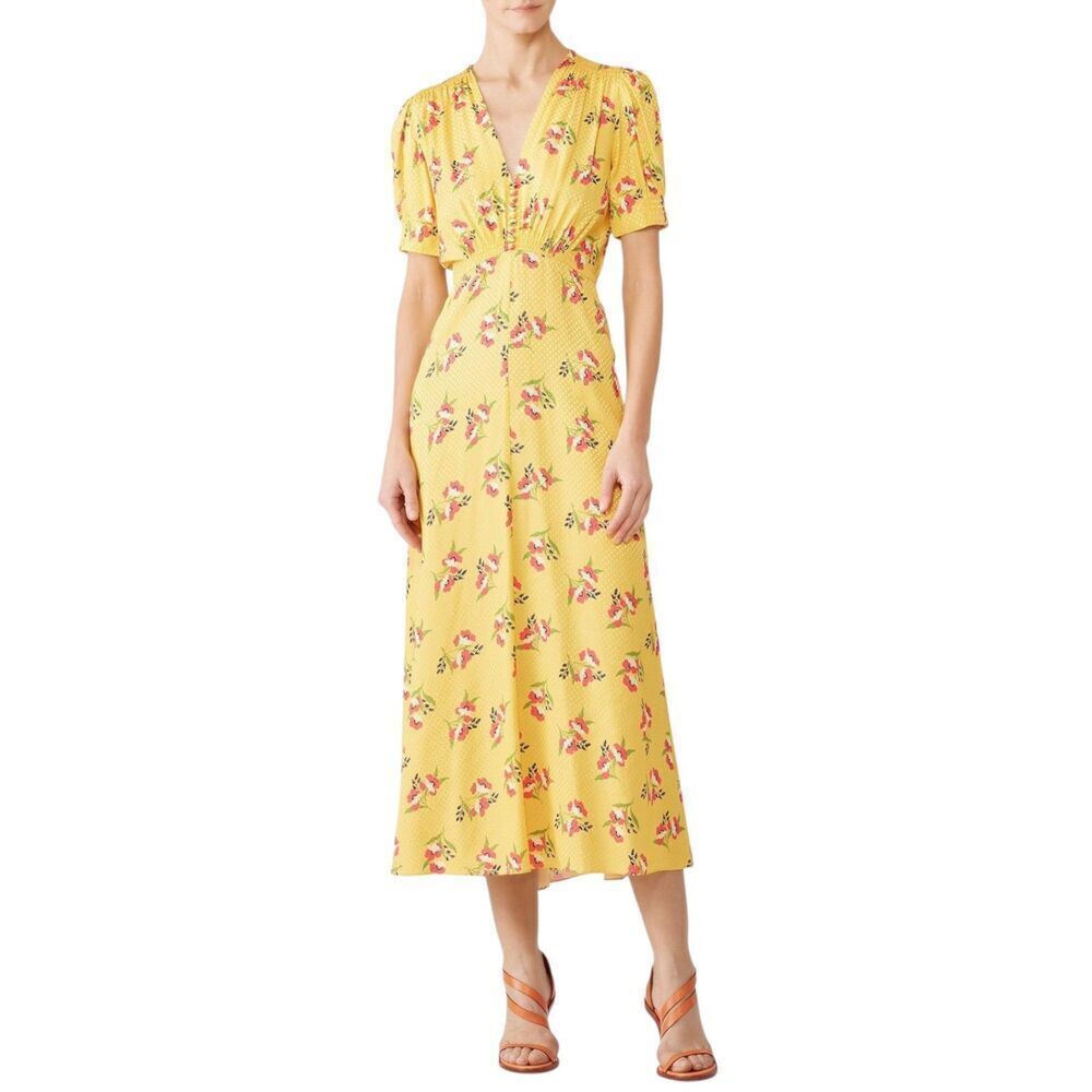 Jill Jill Stuart Yellow Micro Dot Puff Sleeve Midi Floral Dress 6